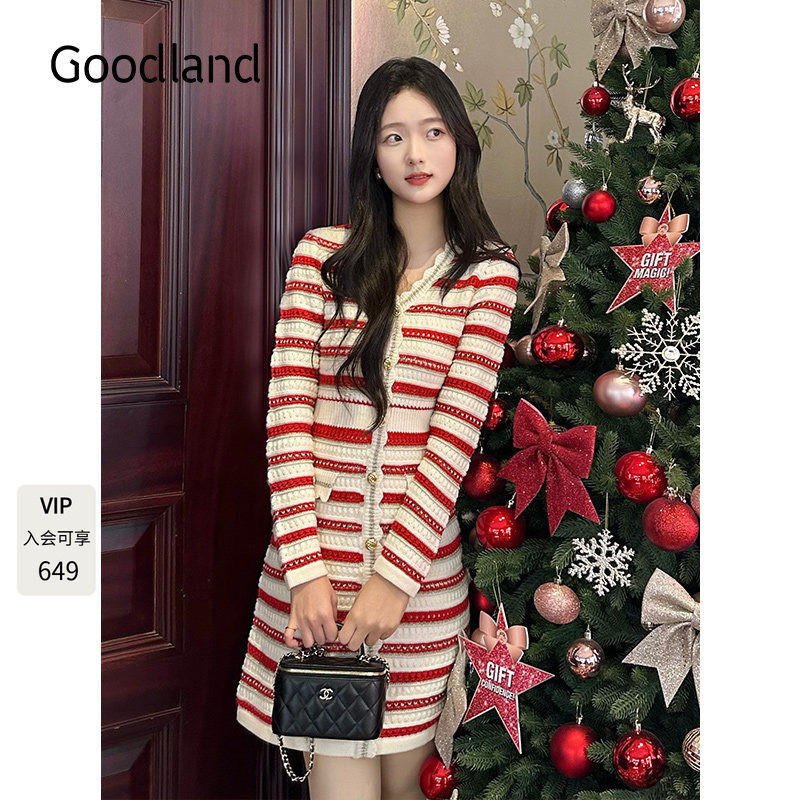 Goodland美地优雅法式红色小香风针织连衣裙修身短款LC35106447图片