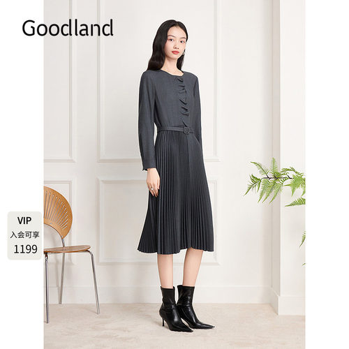 Goodland美地女装气质收腰百褶连衣裙长款2025冬季新款LC35505250