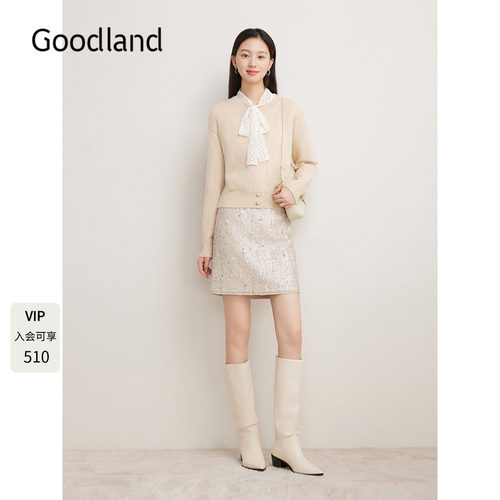 Goodland美地女装2024年冬新款小众斜门襟设计法式针织衫女短款