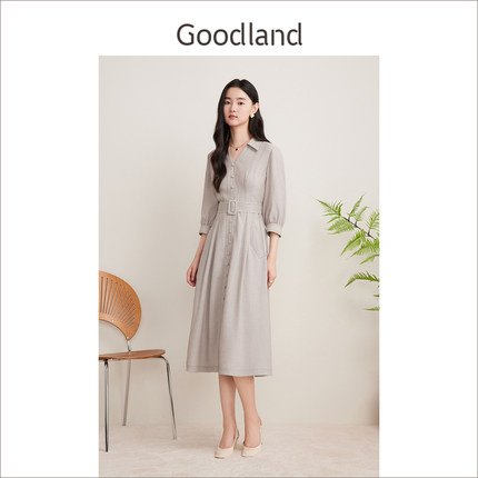 Goodland美地2024年秋季新款气质通勤翻领收腰法式衬衫连衣裙长款