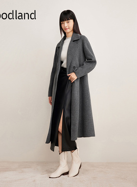 Goodland美地灰色翻领系带羊毛双面呢大衣外套女长款LC34580370