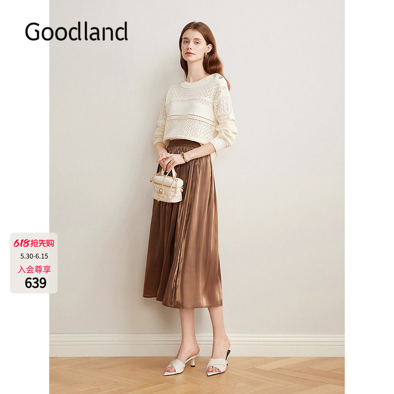 Goodland美地女装优雅法式镂空毛衣宽松针织衫LC35106200