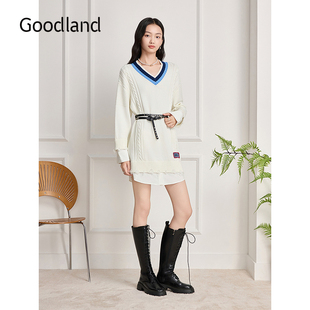 Goodland美地假两件v领毛衣裙针织连衣裙女2025冬新款 LC35506110
