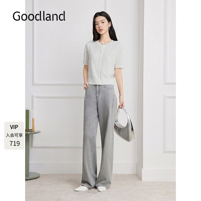 Goodland美地蝴蝶结钉珠短袖针织开衫女夏季2026新款LC36206200图片