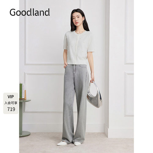 Goodland美地蝴蝶结钉珠短袖针织开衫女夏季2026新款LC36206200