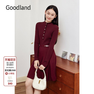 羊毛针织连衣裙收腰 复古安可拉红法式 Goodland美地2024冬季 新款