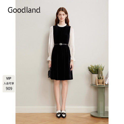 Goodland美地女装优雅法式丝绒收腰连衣裙LC35105320（配腰带）