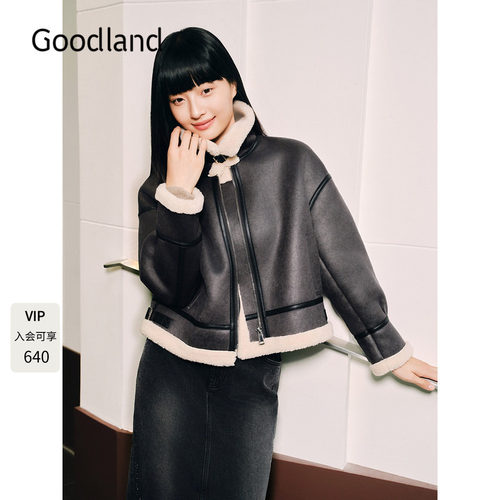 Goodland美地女装机车风环保仿皮毛一体短外套冬季LC34510200