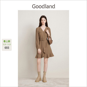 Goodland美地女装春秋季v领收腰荷叶边a字法式连衣裙短款