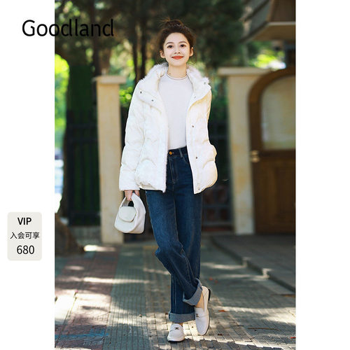 Goodland美地冬季水貂毛鸭绒新中式提花羽绒服短款LC34508100