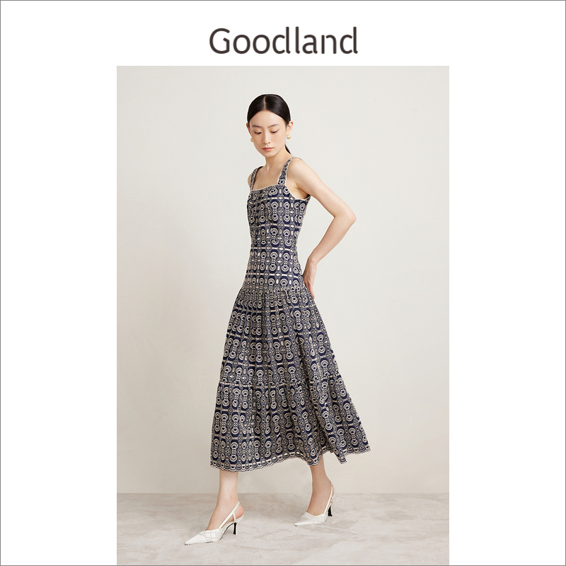 Goodland美地女装夏季棉质法式重工刺绣吊带连衣裙长款/短裙