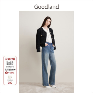 Goodland美地女装 2024年千金风黑色小香风短外套秋冬v领小夹克