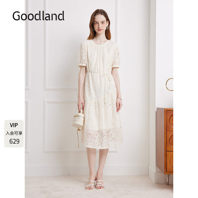 Goodland美地优雅法式蕾丝连衣裙女夏季收腰a字显瘦LC35205860