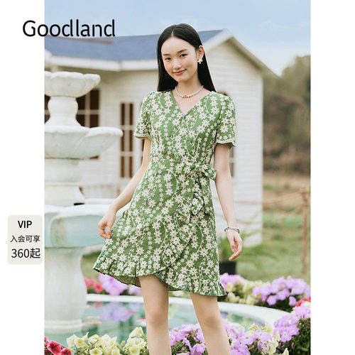 Goodland美地女装2025夏季新款法式v领蕾丝绣花裹身裙连衣裙/上衣