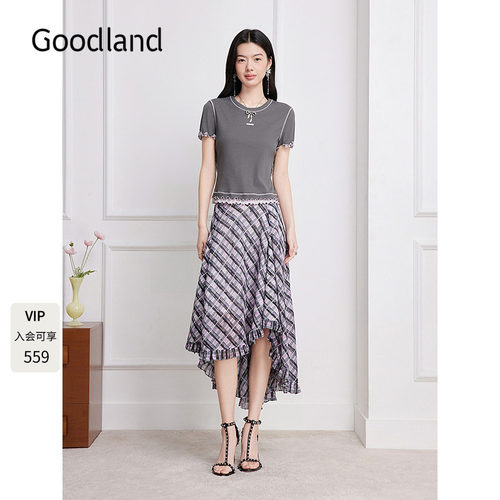 Goodland美地撞色木耳边修身2026夏季新款针织T恤女LC36260040