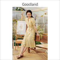 Goodland美地2024新款黄色碎花真丝连衣裙女夏法式温柔风