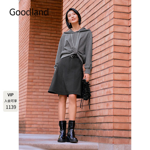 Goodland美地女装设计感假两件连衣裙连帽卫衣裙休闲风2025冬新款