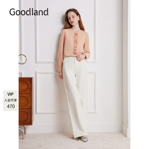 Goodland美地女装棉质法式花边长袖衬衫上衣2025秋新款LC35370040