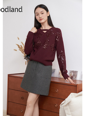 Goodland美地女装2024年冬季新款优雅灰色西装半身裙高腰a字短裙