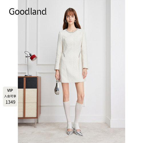 Goodland美地法式轻奢小香风钉珠2026秋季新款连衣裙LC36305310