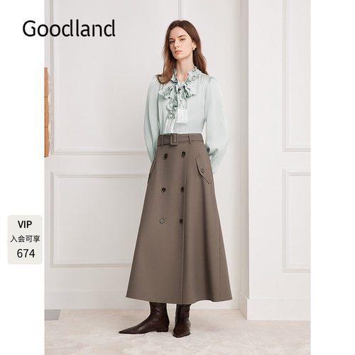 Goodland美地女装缎面感法式荷叶花边衬衫2025冬季新款LC35530050
