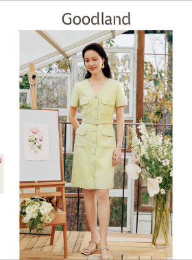 Goodland美地女装夏季法式绿色花纱小香风连衣裙短款LC34205200