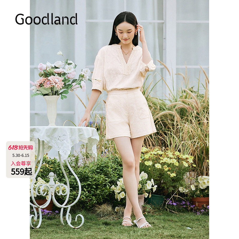 Goodland美地女装2025夏季新款纯棉蕾丝绣花衬衫上衣/高腰短裤