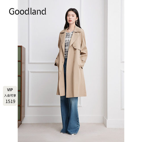Goodland美地英伦风翻领风衣2026秋季新款后背抽绳外套LC36307060