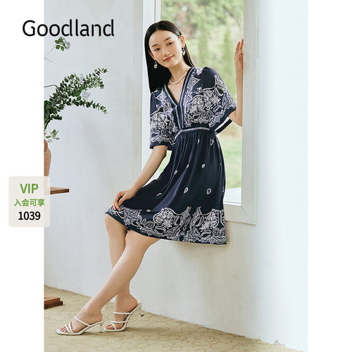 Goodland美地女装2025夏季新款民族风刺绣v领短袖连衣裙a字裙短款