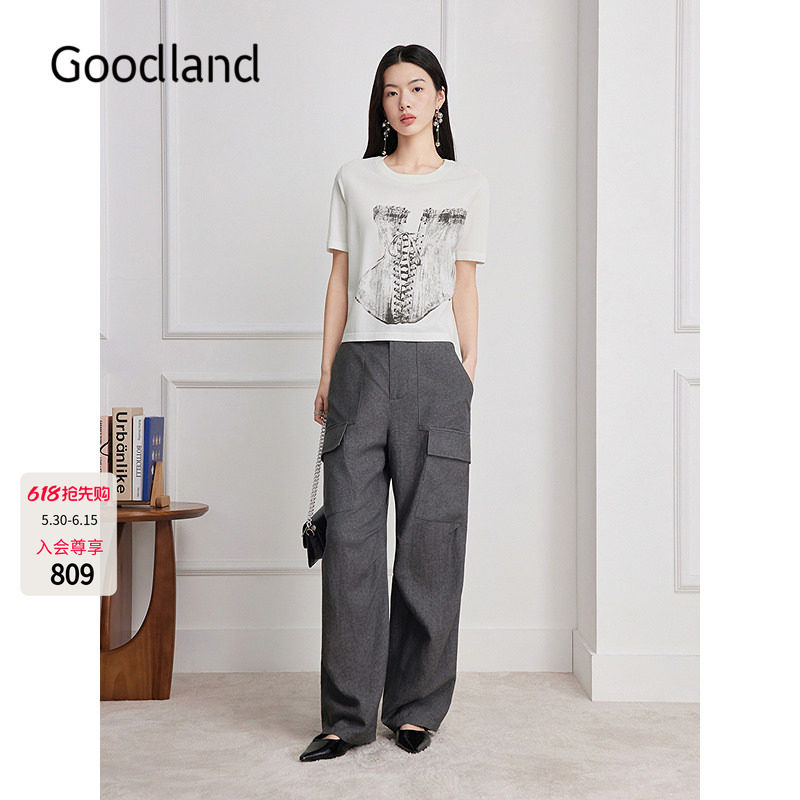 Goodland美地女装做旧束身衣印花2026夏季新款T恤LC36206100