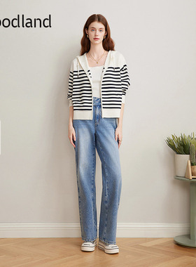 Goodland美地女装羊毛条纹连帽针织外套女/短款半身裙LC35106480