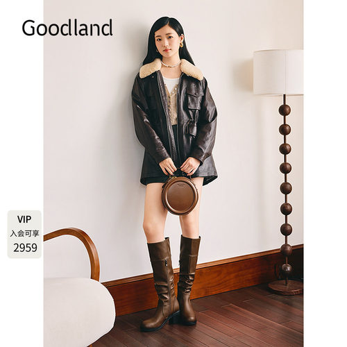 Goodland美地羊羔毛翻领皮衣羽绒服女鸭绒2025冬新款LC35309010