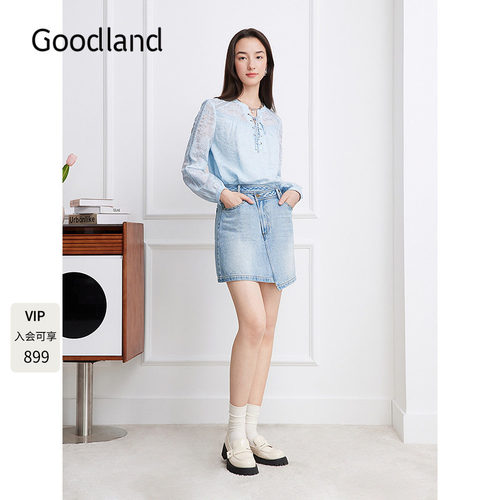 Goodland美地法式莱赛尔提花衬衣2026秋季新款系带衬衫LC36370080