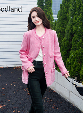 Goodland美地女装春季千金风粉色流苏小香风花纱圆领外套