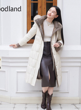 Goodland美地白色狐狸毛领连帽羽绒服女长款鸭绒LC34508120
