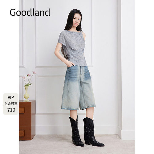 Goodland美地印花挂件五分牛仔裤2026夏季新款直筒中裤LC36220220