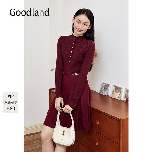 Goodland美地2024冬季新款复古安可拉红法式羊毛针织连衣裙收腰