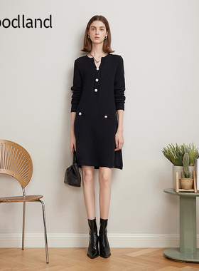 Goodland美地女装法式v领小香风针织连衣裙小黑裙LC35106387