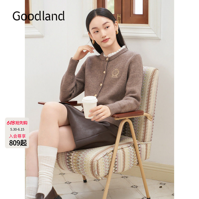 Goodland美地法式木耳花边针织开衫短款毛衣外套女LC35506240