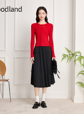 Goodland美地红色蝴蝶结刺绣针织开衫女短款2025冬新款LC35506140