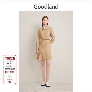 袁姗姗同款 连衣裙短款 法式 式 花边收腰衬衫 Goodland美地女装