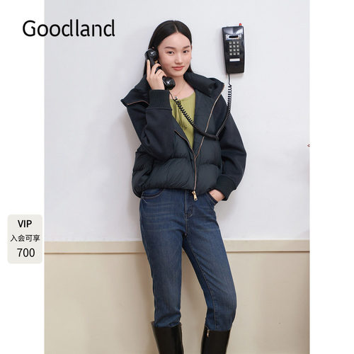 Goodland美地2024冬季新款鸭绒立领连帽短款羽绒服女