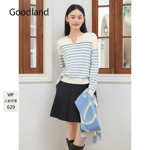 Goodland美地蓝白条纹针织衫女法式毛衣短款羊毛混纺LC34506460