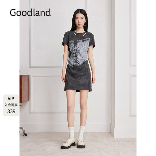 Goodland美地2026夏季新款做旧束身衣印花珍珠领连衣裙LC36205100