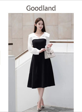 Goodland美地女装假两件气质法式收腰连衣裙女秋季LC34305270