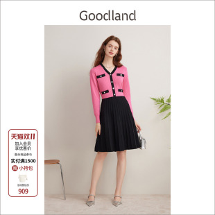 优雅撞色v领针织连衣裙收腰长款 Goodland美地女装 2024年秋新款