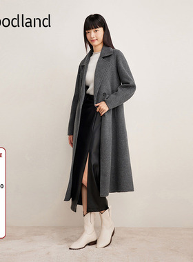 Goodland美地灰色翻领系带羊毛双面呢大衣外套女长款LC34580370
