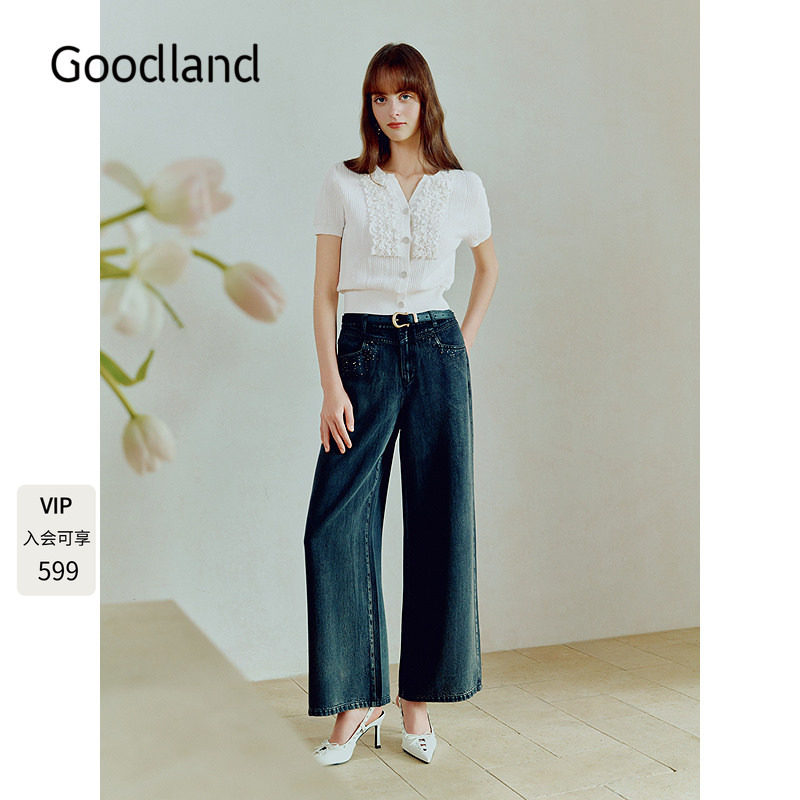 Goodland美地法式小香风花边短袖针织开衫女夏季2026新款36206230图片