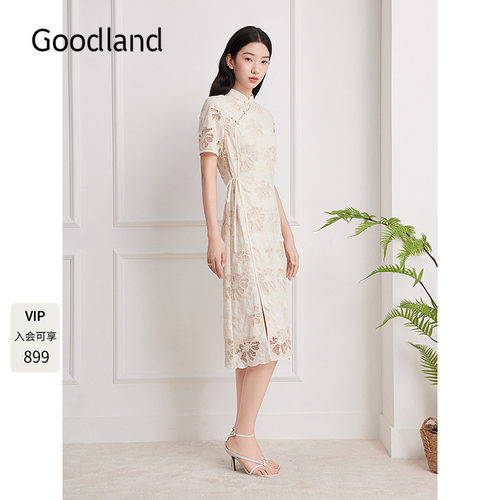 Goodland美地米白色蕾丝盘扣新中式旗袍连衣裙女夏季LC35205970