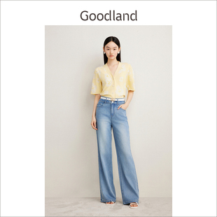 环保纱线奶油黄v领短袖 针织开衫 新款 Goodland美地2024夏季 女